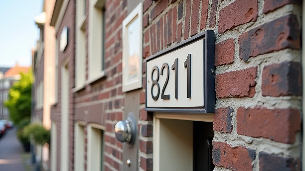 Huisnummers aan gevels van Nederlandse huizen, getallen en letters gemengd, straatscène Amsterdam, zonnig weer, goed zichtbare nummers